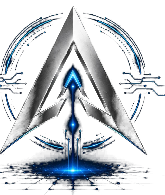 APEX Strategic Intelligence emblem — a chrome arrow with an electric-blue core beam, within a HUD reticle over a perspective grid.